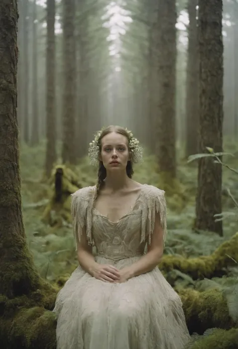 a beautiful woman portrait, wide face, fantasy landscape, forest, natural lighting, cinematic, photo by Tim Walker and Paul Zizka
