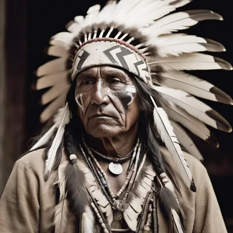 Raw photo, Documentary photography of a majestic Native American chief from the year 1860, adorned with intricate war paint across his face, gazes intently into the distance as if peering into the future BREAK
The feathers in his headdress subtly dance to an invisible ((wind)), adding to the gravity of the moment, striking facial features, cinematic lighting, volumetric lighting, shot on Fujifilm XT4, 80mm lens, Fuji color, ((expressive portrait)), national geographic photography,((medium close up shot))