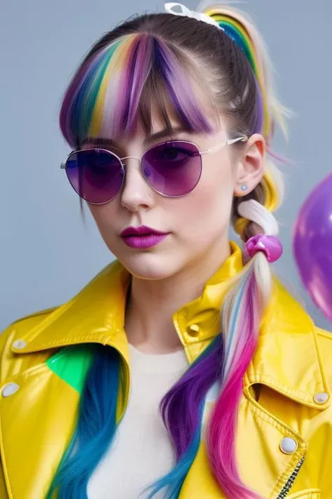 masterpiece, best quality, 1 girl, pretty and cute, rainbow color Highlight Hair, colorful hair, wearing blue and purple sunglasses, yellow jacket with white pattern, white sweater, many colored balloons, doll face, ponytail braid, perfect detail eyes, delicate face, perfect cg, HD quality, colored balloons, sky ,black boots