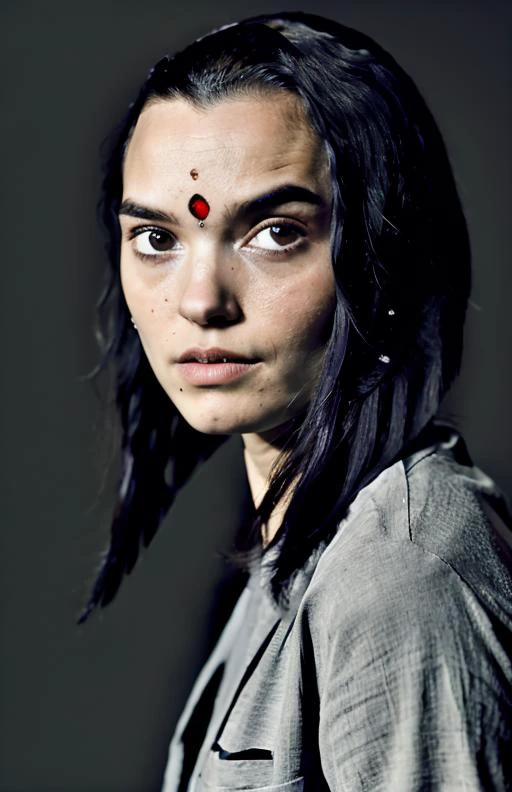 ((<lora:Raven:1>)), 1 girl, grey skin, young, portrait photography, solid background, black hair,