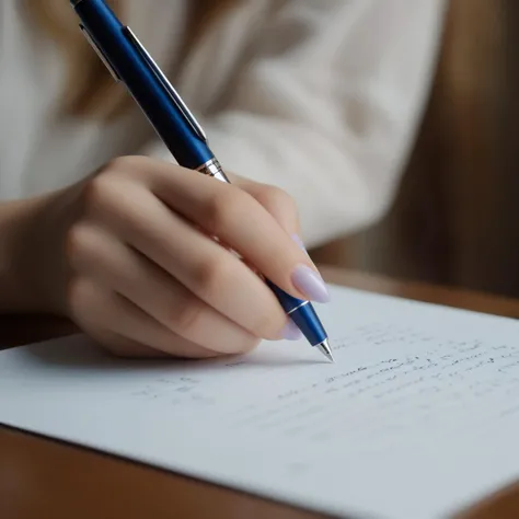 best quality,masterpiece,ultra details,high res,8k,<lora:more_details:0.7>,a girl,write with a pen,hand close-up,