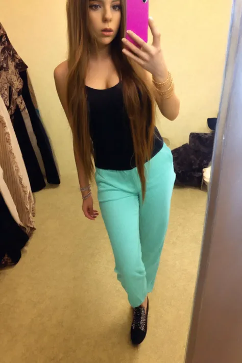 <lora:LowSlut:1> low quality, slutty girl, 1girl, solo, long hair, blonde hair, jewelry, realistic, shoes, breasts, pants, brown hair, bracelet, selfie, mirror, phone, indoors