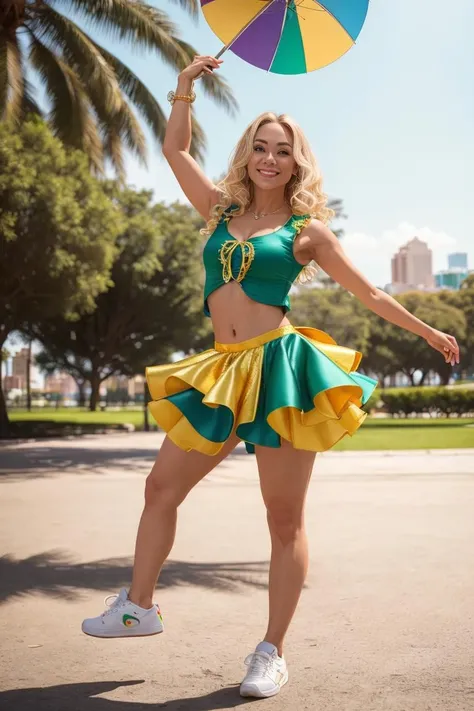 photo of. blonde redhead woman wearing frevo clothes, (park as background:1.3),colorful top, golden skirt,sneakers, dancing, frevowear, holding a colorful umbrella, posing, realistic, masterpiece, highres, cinematic lighting, perfect face, detailed face,detailed eyes, detailed dress , full body <lora:Frevowear:0.8> backlighting, sparkles, digital colors, vibrant picture,