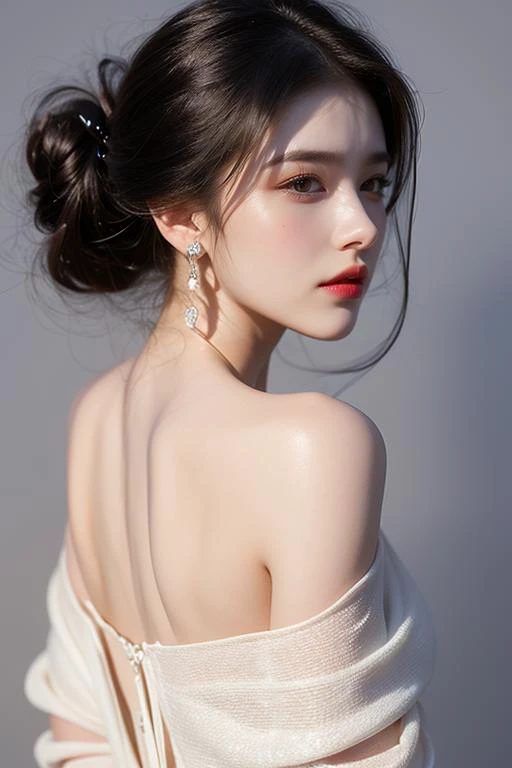 1girl,solo,black hair,lips,jewelry,white_marble_glowing_skin,gently hold your glasses,black dress falling off her shoulder,portrait,look at the viewer,looking back,Back Angle,realistic,<lora:è¸æ±½_æè¥äººç:0.8>,