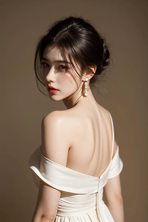 1girl,solo,black hair,lips,jewelry,white_marble_glowing_skin,gently hold your glasses,black dress falling off her shoulder,portrait,look at the viewer,looking back,Back Angle,realistic,<lora:è¸æ±½_æè¥äººç:0.8>,
