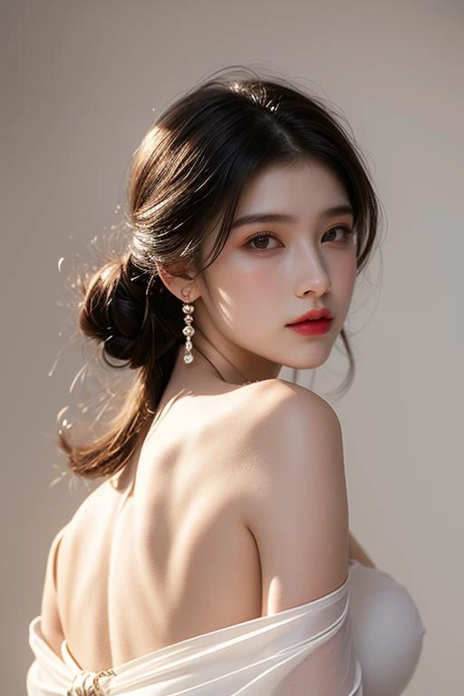1girl,solo,black hair,lips,jewelry,white_marble_glowing_skin,gently hold your glasses,black dress falling off her shoulder,portrait,look at the viewer,looking back,Back Angle,realistic,<lora:è¸æ±½_æè¥äººç:0.8>,