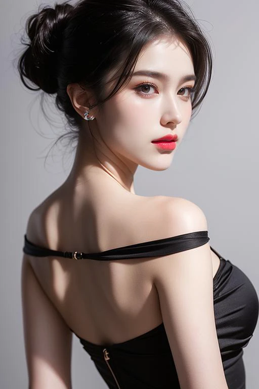 1girl,solo,black hair,lips,jewelry,white_marble_glowing_skin,gently hold your glasses,black dress falling off her shoulder,portrait,look at the viewer,looking back,Back Angle,realistic,<lora:è¸æ±½_æè¥äººç:0.8>,