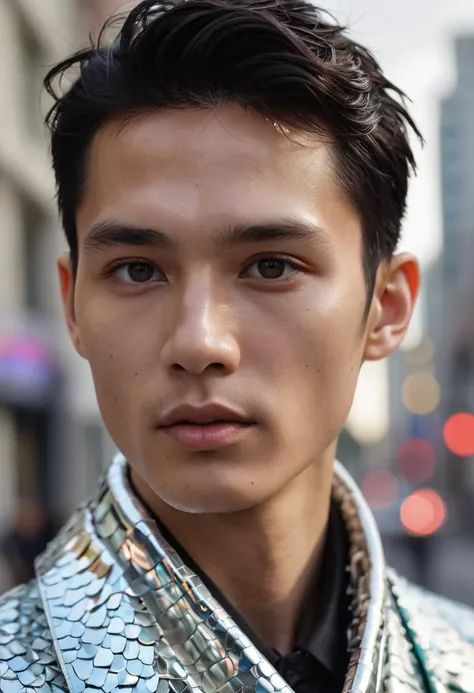 Futuristic, 2095âs, young Asian handsome model, face skin is partially covered with holographic mirror transparent scales, standing in a futuristic city, glossy, highly intricate, high minimalistic fashion, photography by tim walker, clear top model face features, gathered hair, fashion editorial accent lighting, cinematic, blurred white clear background, photorealistic octane render, film grain, Leica 50mm, Depth of Field, 32k, Super - Resolution, Megapixel,Optics, Scattering, Glowing, Shadows, Rough, Shimmering, Ray Tracing Reflections, Lumen Reflections, Screen Space Reflections, Diffraction Grading