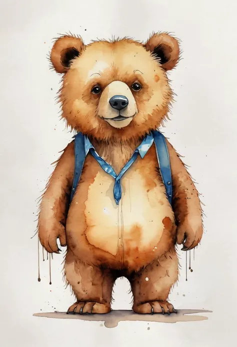 a cute bear one way to the new world, ralph steadman style character, line hand darwn style, watercolor, minimalism, front view