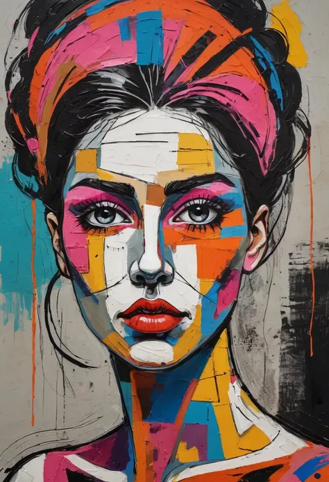 a stunning woman, art of brut style, characteized by bright and bold colors, thick textured paint, intense black strokes, and astonished details,