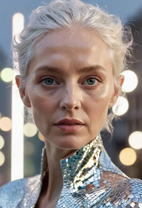 Futuristic, 2095âs, young 70 years old beautiful model, face skin is partially covered with holographic mirror transparent scales, standing in a futuristic city, glossy, highly intricate, high minimalistic fashion, photography by tim walker, clear top model face features, gathered hair, fashion editorial accent lighting, cinematic, blurred white clear background, photorealistic octane render, film grain, Leica 50mm, Depth of Field, 32k, Super - Resolution, Megapixel,Optics, Scattering, Glowing, Shadows, Rough, Shimmering, Ray Tracing Reflections, Lumen Reflections, Screen Space Reflections, Diffraction Grading