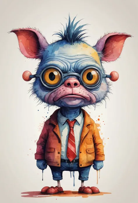 a cute monser, ralph steadman style character, line hand darwn style, vector file, watercolor, minimalism, front view