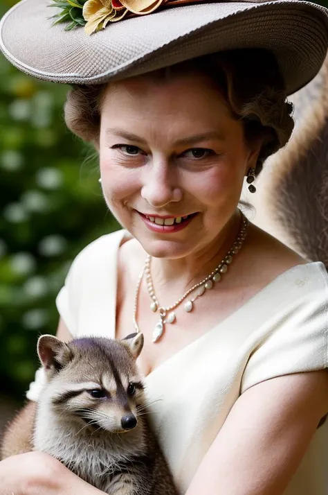 Majestic Queen Elizabeth, petting a racoon, hat, smiling, (sony camera style) (cinematic)