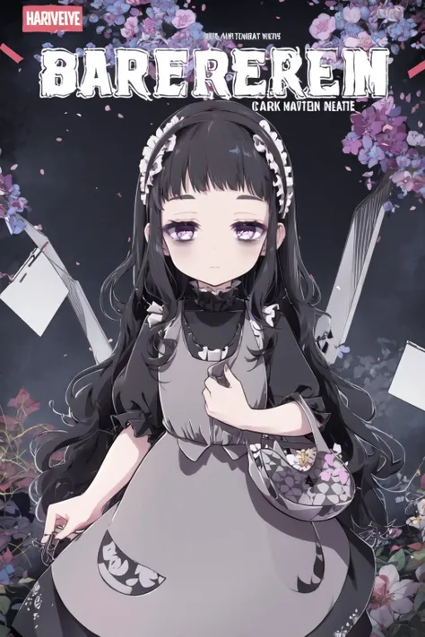 <lora:hardgore2:1.0>, hardgore alice, hairband, bags under eyes, purple eyes, black hair, black dress, <lora:Comic-10:0.6>, comic cover