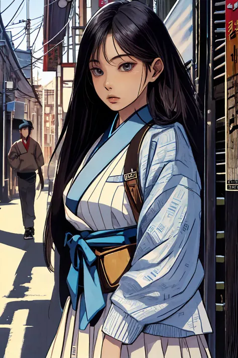 best quality, absurdres, (highly detailed:1.2) (detailed face:1.1), comic cover, hangul text, wearing modern hanbok, white sneakers, streets of korea, <lora:Kang_Hyewon_V4b-000005:0.8>
