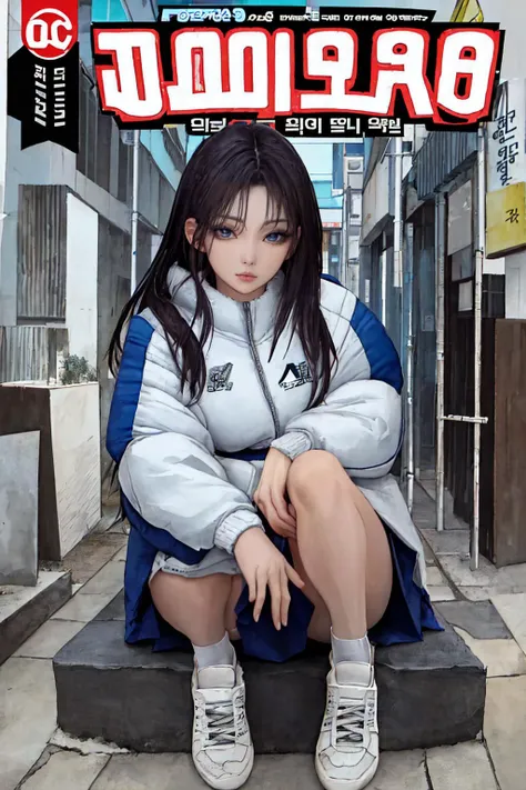 best quality, absurdres, (highly detailed:1.2) (detailed eyes:1.1), comic cover, hangul text, wearing modern hanbok, white sneakers, streets of korea, <lora:comicCover_v10:0.6> , <lora:Kang_Hyewon_V4b-000005:1>