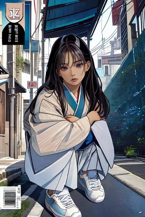 best quality, absurdres, (highly detailed:1.2) (detailed face:1.1), comic cover, hangul text, wearing modern hanbok, white sneakers, streets of korea, <lora:comicCover_v10:0.65> , <lora:Kang_Hyewon_V4b-000005:0.8>