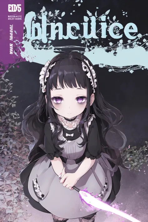 <lora:hardgore2:1.0>, hardgore alice, hairband, bags under eyes, purple eyes, black hair, black dress, <lora:Comic-10:0.6>, comic cover