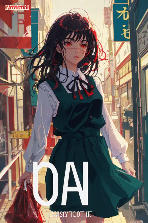 masterpiece, best quality, high quality, absurdres, <lora:yoruChainsawMan_v10:0.9>, bold color, film grain, chromatic aberration, dramatic lighting, streets of japan, 1girl,  yoru, red eyes, pinafore dress, shirt, neck ribbon, long sleeves,close-up,  comic cover, detexted,  <lora:comicCover_v10:0.6>