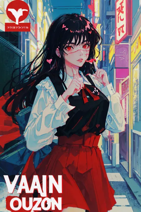 masterpiece, best quality, high quality, absurdres, <lora:yoruChainsawMan_v10:0.9>, bold color, film grain, chromatic aberration, dramatic lighting, streets of tokyo, 1girl,  yoru, red eyes, pinafore dress, shirt, neck ribbon, long sleeves, (finger heart:1.4), close-up,  comic cover, detexted,  <lora:comicCover_v10:0.6>