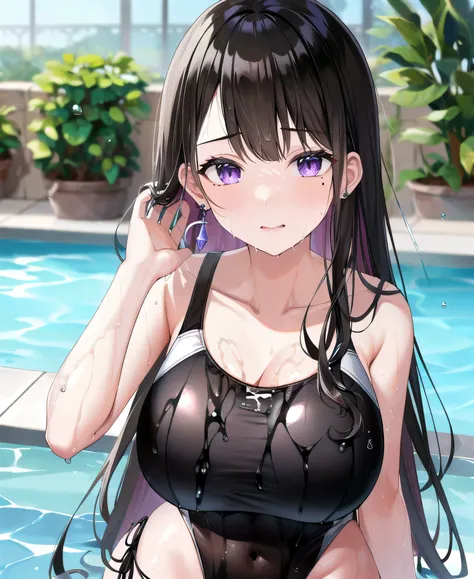 (masterpiece:1.3), (absurdres:1.3), (best quality:1.3), hand of Guido Daniele, (ultra-detailed:1.3),(best shadow:0.7), (handled hair), 1girl, solo, hmkm1, mole under eye, earrings, purple eyes, black hair, long hair, asymmetrical_bangs, blunt_bangs, colored inner hair, earrings, one-piece_swimsuit, (wet, wet_hair, water drop, sweat, glossy, shiny skin),
BREAK indoors, poolside,
