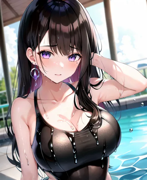 (masterpiece:1.3), (absurdres:1.3), (best quality:1.3), hand of Guido Daniele, (ultra-detailed:1.3),(best shadow:0.7), (handled hair), 1girl, solo, hmkm1, mole under eye, earrings, purple eyes, black hair, long hair, asymmetrical_bangs, blunt_bangs, colored inner hair, earrings, one-piece_swimsuit, (wet, wet_hair, water drop, sweat, glossy, shiny skin),
BREAK indoors, poolside,