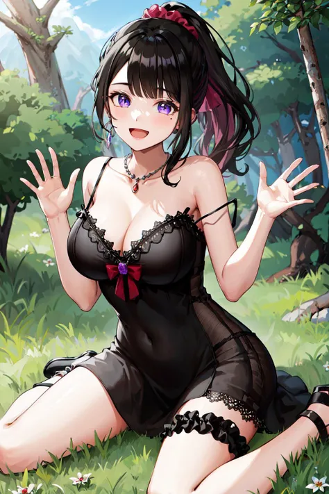 masterpiece, best quality, highres, hmkm1, ponytail, mole under eye, cleavage, jewelry, necklace, hair scrunchie, strap slip, black dress, thigh strap, <lora:koinoya_mai_v1:0.7>, outdoors, grass, forest, wariza, waving, smile, open mouth,