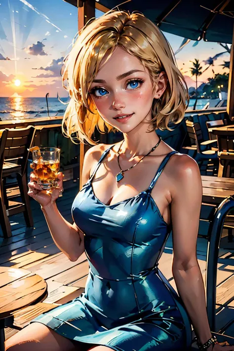 Tia is shown to have a fairly slender figure. She has white-grey hair , she has short hair and large pale green eyes, A young girl celebrates her birthday on a luxury ship. Beyond is a stunning landscape, with the sun setting on the distant horizon and golden rays of light sparkling on the surface of the sea. The sky is full of magical sunset colors reflected in the water.
The girl wears a beautiful, colorful skirt and corset that matches the special occasion, she doesn't wear any bra and we can see her breast ((Topless)). She looks happy and cheerful, holding a balloon and smiling happily. There is a candy bar with lit candles in front of her on a table she decorated with cheerful colors and flowers.
Her friends and family can be seen in the background celebrating her and raising champagne glasses to congratulate her. The atmosphere seems full of happiness, joy and fun., cleavage exposed, big breasts, superior quality, many details, Puri focus Sharp and realistic