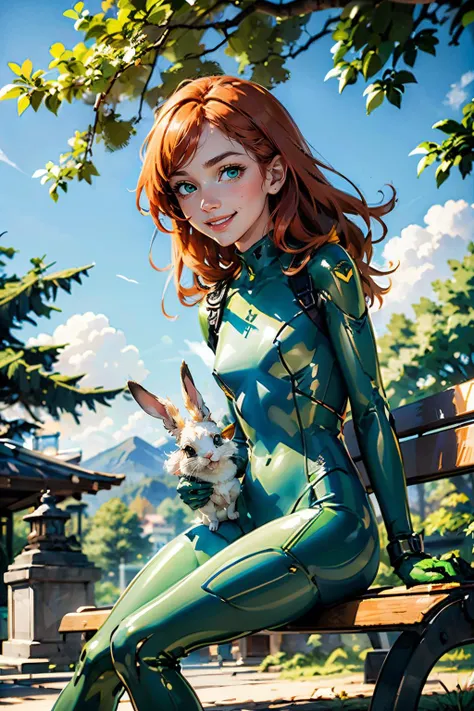 sam, green eyes, long orange hair, green bodysuit, looking at viewer,smiling, teeth,
sitting, on bench, holding a small bunny, outside, park, trees, small mountain, blue sky,
extreme detail, masterpiece, beautiful quality, <lora:sam:.7>