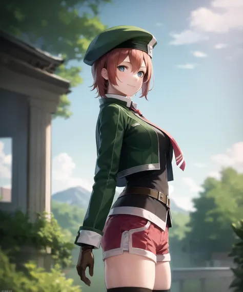 best quality, (masterpiece:1.2), illustration, absurdres,
(1girl, solo), (beautiful detailed girl), (cowboy shot), 
<lora:Noel2-07:0.7> Noel Seeker, red hair, blue eyes, small breasts,
green_headwear, green_jacket, grey_undershirt, red_necktie, (red_shorts), black_thighhighs, brown_gloves, brown_boots,
forest, sky, clouds, day,
smile, happy, looking at viewer,
(blurry background, depth of field)