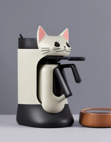 cat-shaped coffee maker, retro, gleeful, tactical attach , emauromin style, <lora:emauromin_style(Tech):1>