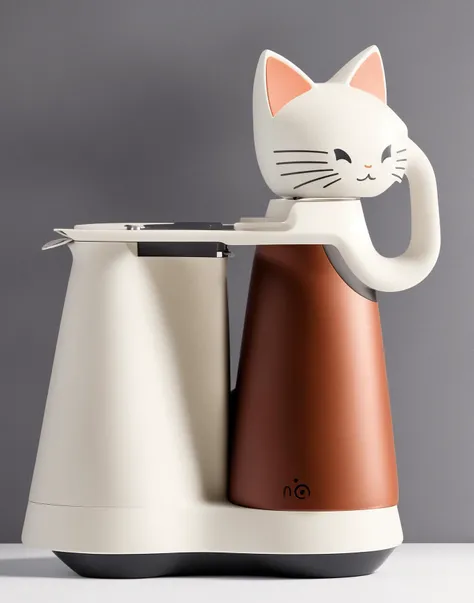cat-shaped coffee maker, retro, gleeful , emauromin style, <lora:emauromin_style(Tech):1>
