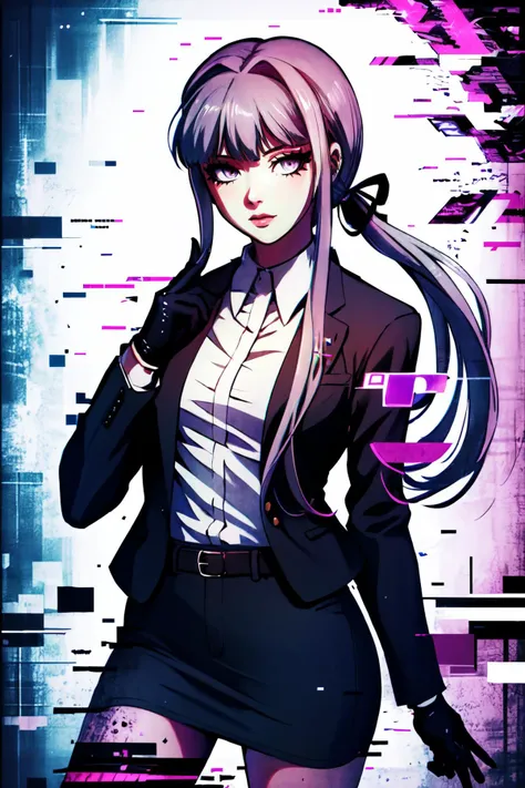 Highly detailed, High Quality, Masterpiece, beautiful, 1girl, solo, kirigiridr3, ponytail, hair ribbon, jacket, open jacket, long sleeves, white shirt, skirt, black gloves, <lora:Char_Danganronpa_KirigiriKyoko:1>, Glitching, glitch, <lora:Pos_Glitching:1.1>, glitch censor, corruption,