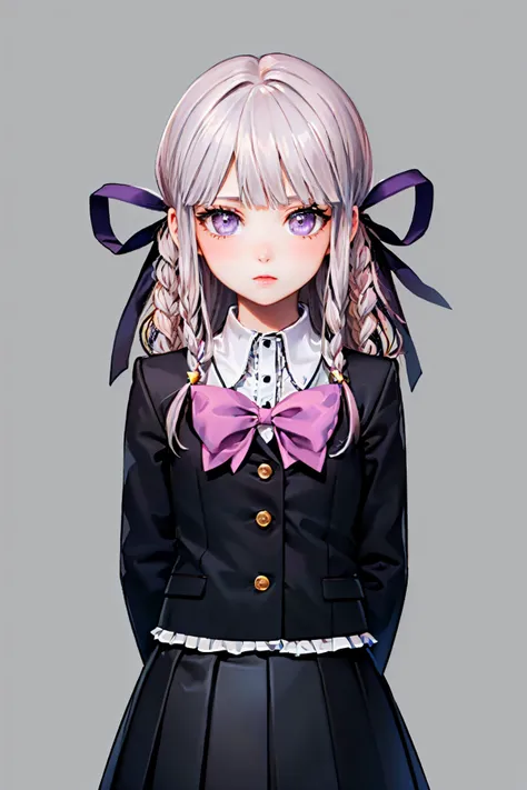(masterpiece, best quality:1.2), solo, 1girl, kirigiridrk, expressionless, closed mouth, looking at viewer, arms behind back, braid, hair ribbon, school uniform, bow, skirt <lora:danganronpathh_kirigiri:1.0>