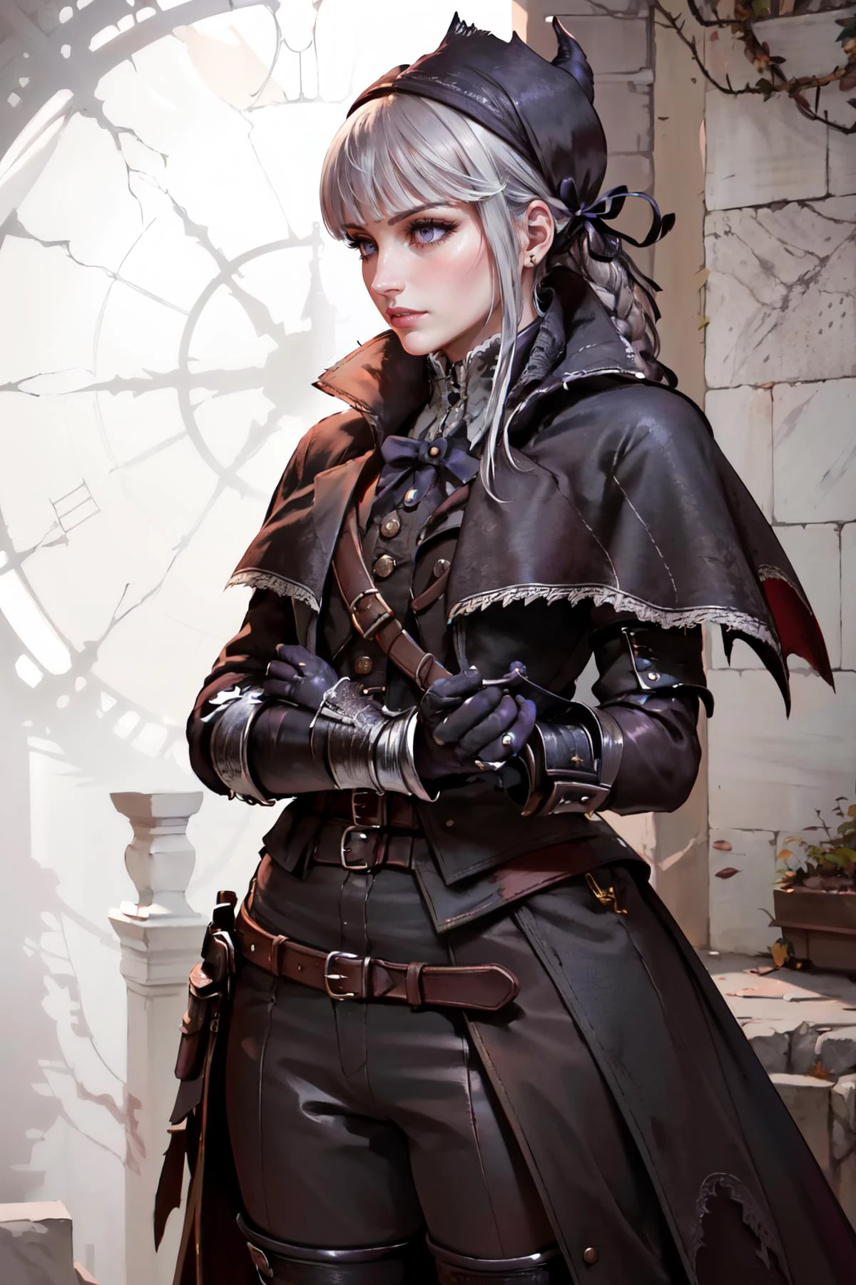 Highly detailed, High Quality, Masterpiece, beautiful, 1girl, solo, kirigiridef, braid, hair ribbon, <lora:Char_Danganronpa_KirigiriKyoko:1>, edgBB, black gloves, belt, coat, torn clothes, capelet, gauntlets,arms at sides, vambraces, black capelet, tricorn, hunter (bloodborne), woman wearing edgBB_outfit, <lora:Outfit_BloodborneHunter:0.8>
