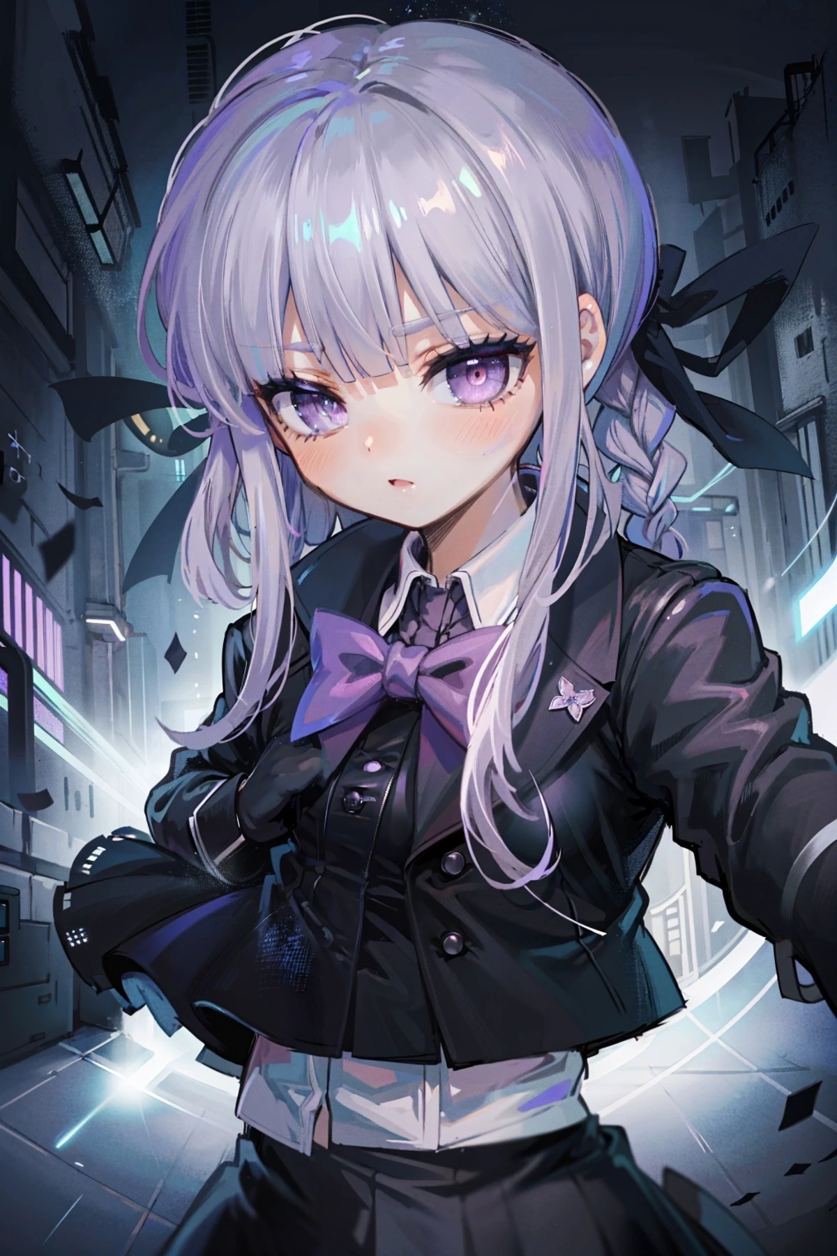 (best quality, high resolution, extremely detailed,grainy:1.2), <lora:danganronpathh_kirigiri-12:1> , kirigiridrk, braid, hair ribbon, school uniform, black jacket, bow, skirt, <lora:Gloomifier_V2_TheGlow:1> , glowing eyes, detailed face, detailed clothes, dynamic lighting,