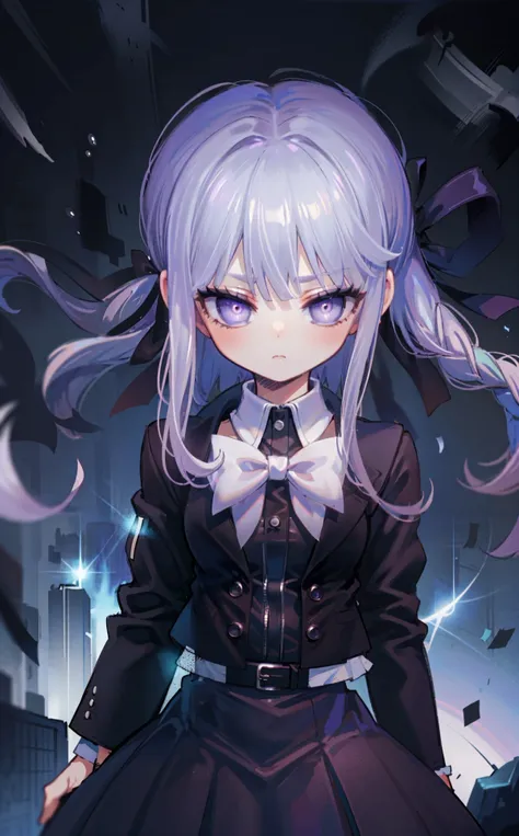 (best quality, high resolution, extremely detailed,grainy:1.2), <lora:danganronpathh_kirigiri-12:1> , kirigiridrk, braid, hair ribbon, school uniform, black jacket, bow, skirt, <lora:Gloomifier_V2_TheGlow:1> , glowing eyes, detailed face, detailed clothes, dynamic lighting,stoic, intelligent, and mysterious,calm demeanor ,