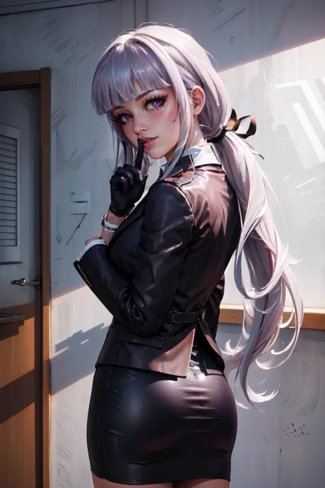 Highly detailed, High Quality, Masterpiece, beautiful, 1girl, solo, kirigiridr3, ponytail, hair ribbon, jacket, open jacket, long sleeves, white shirt, skirt, black gloves, <lora:Char_Danganronpa_KirigiriKyoko:1>, shushing, <lora:Pos_Shushing:1>, from behind, looking back, naughty face, ass