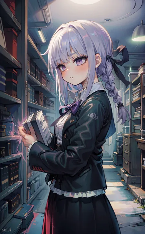 (best quality, high resolution, extremely detailed,grainy:1.2), <lora:danganronpathh_kirigiri-12:1> , kirigiridrk standing, (taking book from shelf:1.1), braid, hair ribbon, school uniform, black jacket, bow, skirt, <lora:Gloomifier_V2_TheGlow:0.7> , glowing eyes, detailed face, detailed clothes, dynamic lighting,stoic, intelligent, mysterious,calm demeanor ,from side, head turned, dusty library, god rays, side eye,