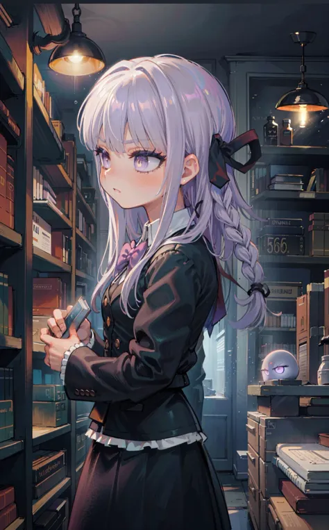 (best quality, high resolution, extremely detailed,grainy:1.2), <lora:danganronpathh_kirigiri-12:1> , kirigiridrk standing, library, (taking book from shelf:1.1), braid, hair ribbon, school uniform, black jacket, bow, skirt, <lora:Gloomifier_V2_TheGlow:0.5> , glowing eyes, detailed face, detailed clothes, dynamic lighting,stoic, intelligent, and mysterious,calm demeanor ,from side, looking away,