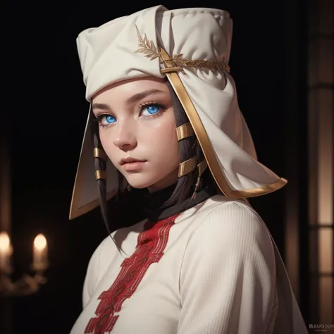 Best_QualityPos, RAW photo, intricate details, best quality, 8k uhd, soft lighting, 1girl, solo, ffArrow, white headwear, blue eyes, red and white dress, black sleeves, vambraces  <lora:ffarrow-nvwls-v1:0.9>