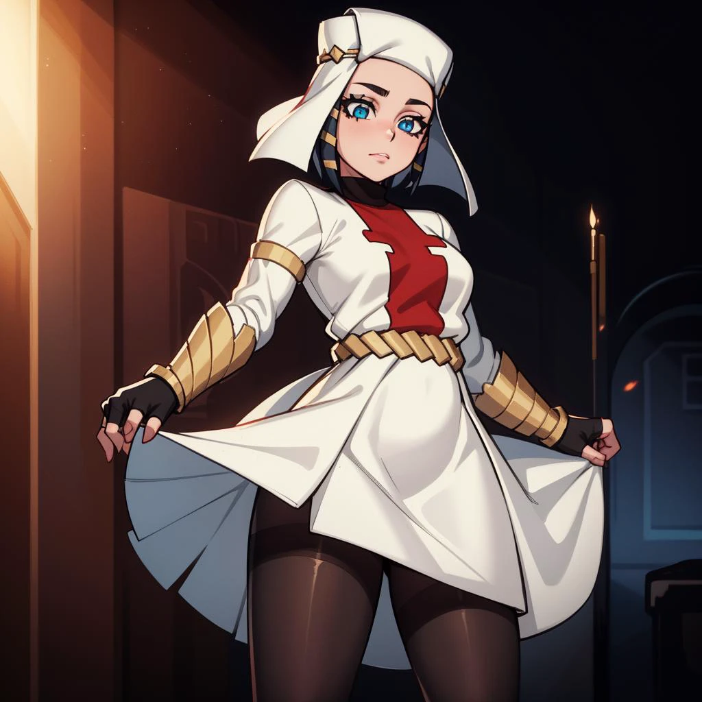 Best_QualityPos, RAW photo, intricate details, best quality, 8k uhd, soft lighting, 1girl, solo, ffArrow, white headwear, red and white dress, black sleeves, black pantyhose, fingerless gloves, vambraces <lora:ffarrow-nvwls-v1:0.8>