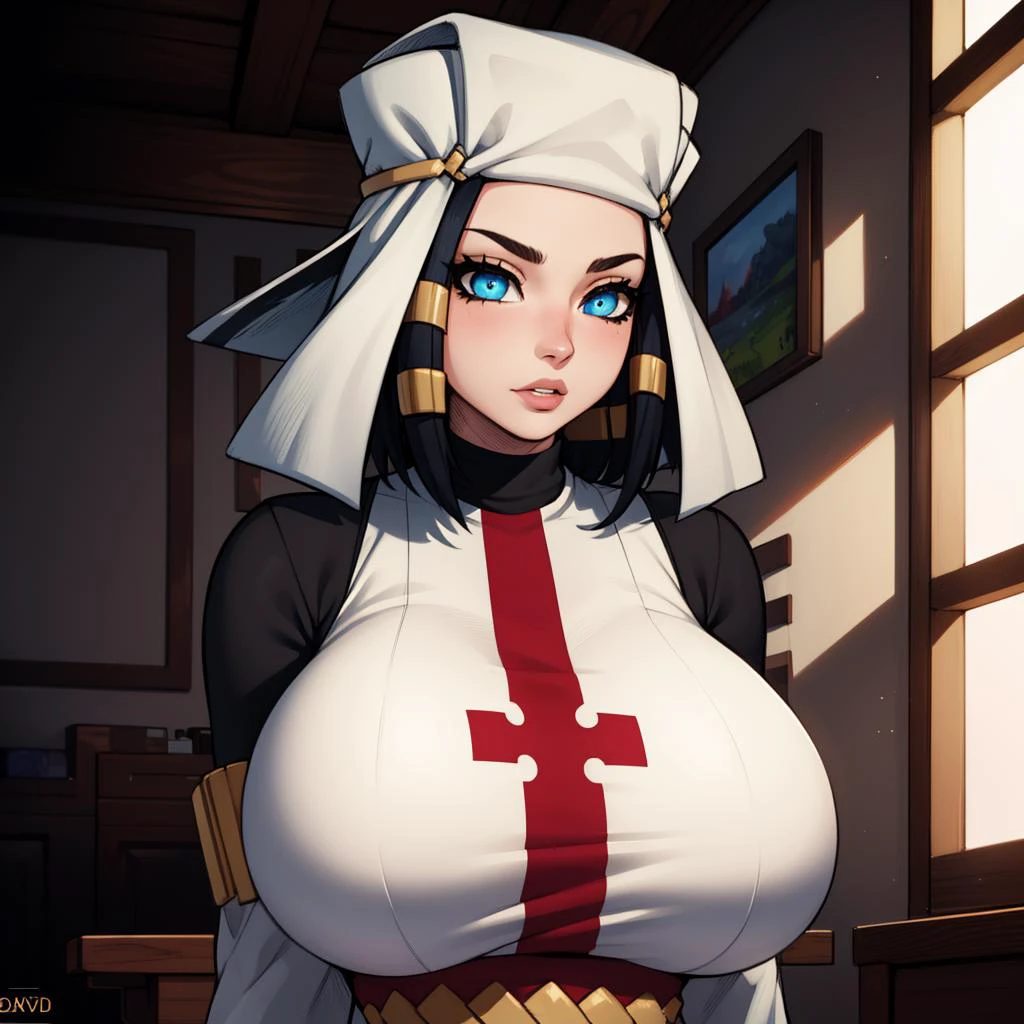 Best_QualityPos, RAW photo, intricate details, best quality, 8k uhd, soft lighting, 1girl, solo, ffArrow, blue eyes, white headwear, red and white dress, black sleeves, large breasts, vambraces <lora:ffarrow-nvwls-v1:0.9>