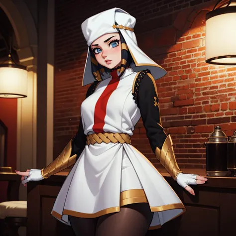Best_QualityPos, RAW photo, intricate details, best quality, 8k uhd, soft lighting, 1girl, solo, ffArrow, white headwear, red and white dress, black sleeves, black pantyhose, fingerless gloves, vambraces <lora:ffarrow-nvwls-v1:0.8>