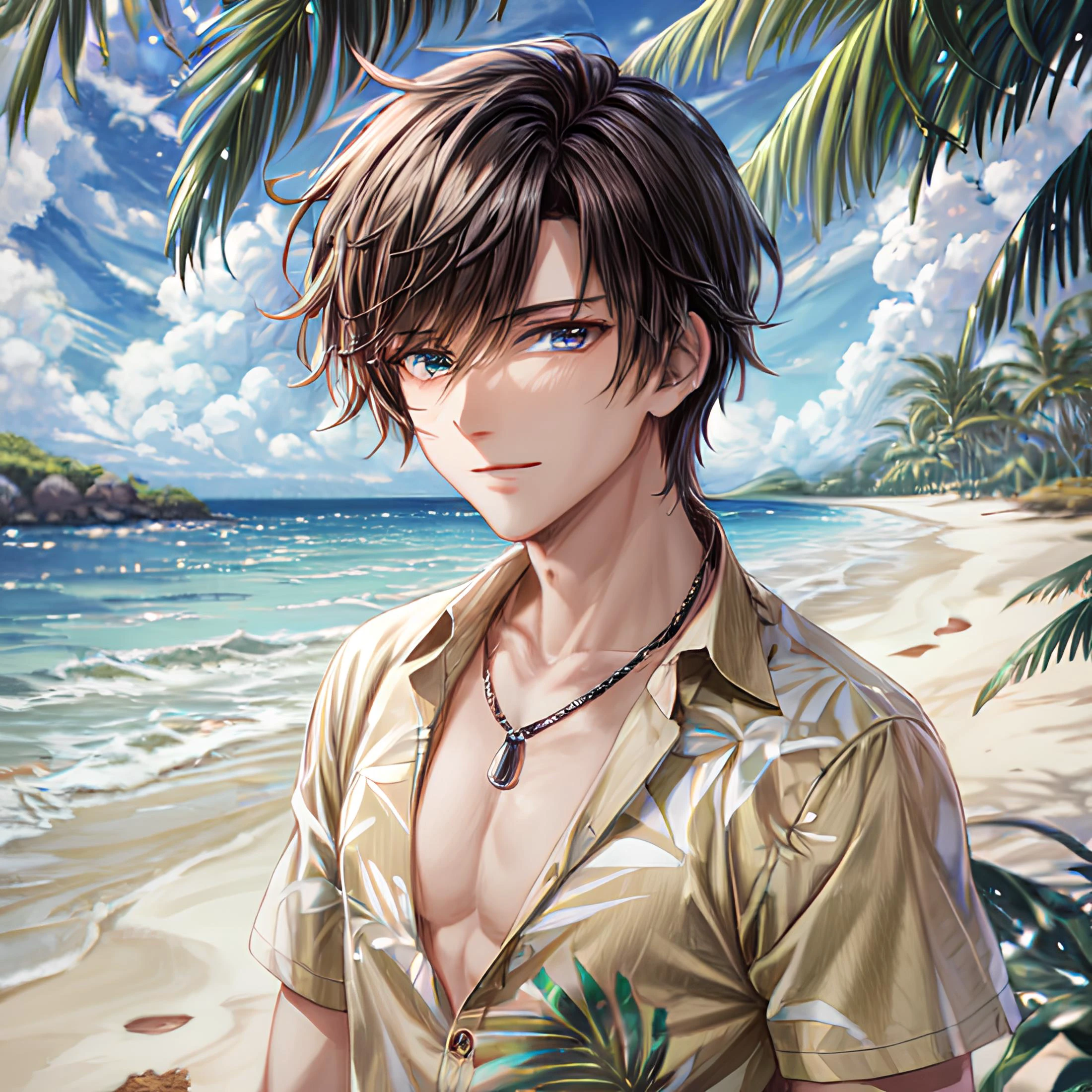 best quality, masterpiece, highres, high quality, handsome man, hawaiian shirt, chest hair, half buttoned, puka shell necklace, sun bleached hair, tiki bar setting, Caucasian, intricate details, detailed blue eyes, dark hair, toned, muscular, small smile, ray tracing, bokeh, depth of field, sharp focus, vibrant colors, <lora:make25d_type2_v100:0.5>, <lora:add_detail:0.8>, detailed skin,