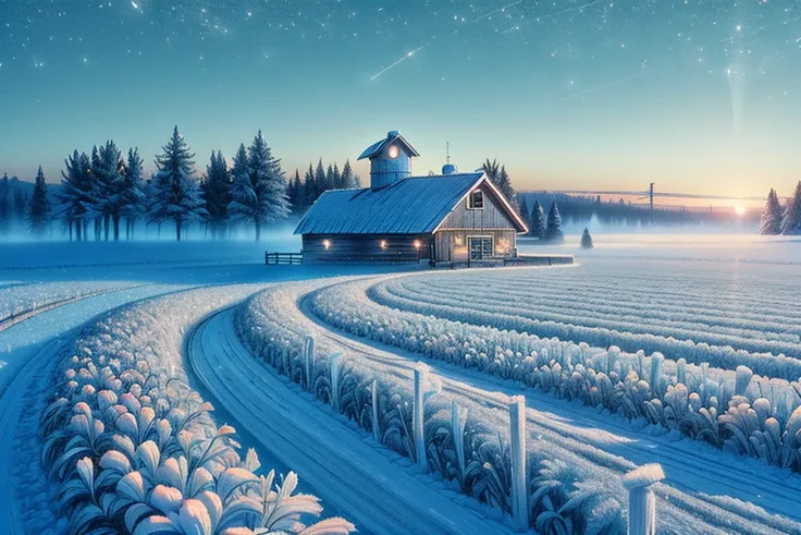 cartoon style rendition of a modern farm in the heartland of America at the crack of dawn in the dead of winter <lora:tangbohu-detailer_1.0:0.8> <lora:stylesqueeze_v2:0.8> <lora:make25d_type1_v100:0.8> <lora:DonMSn0wM4g1c:1> DonMSn0wM4g1c