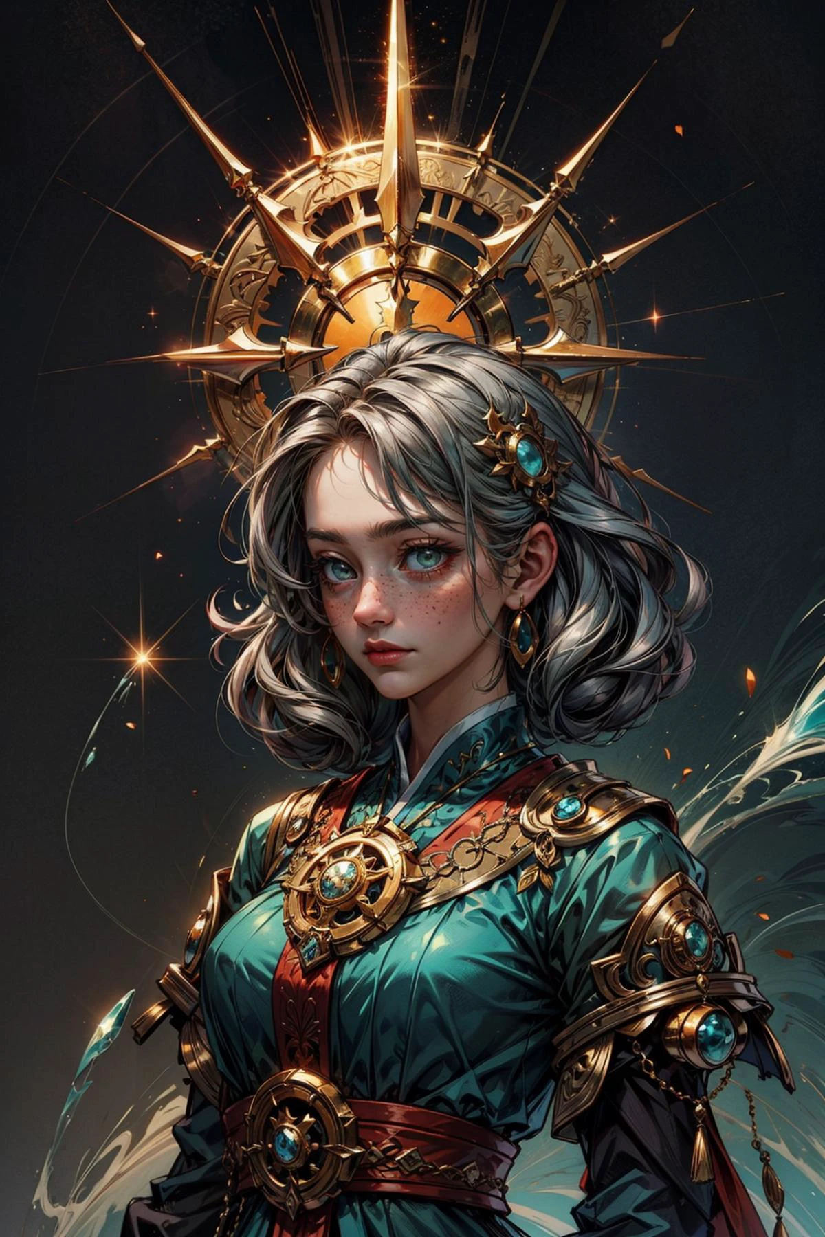 <lora:add_detail:0.8>, <lora:colorize:0.4> <lora:make25d_type1_v100:0.5>,
<lora:GoodHands-beta2:0.8>,
1 girl, adult italian woman, freckles, teal eyes, silver straight hair,
(style-swirlmagic:0.8), solo, upper body, looking away, detailed background, detailed face, (<lora:MagicalCircle_Sora:0.5>, circle, glowing, magical circle theme:1.1), eyes blazing with the power of the sun, sun-priest, blessed by the sun-god, wearing intricate dark green sorcerer clothes, cosmic wisdom, mystical dagger of the sun, sunrise in background, symphony of light, darkness dispersed by sunlight, epic atmosphere,