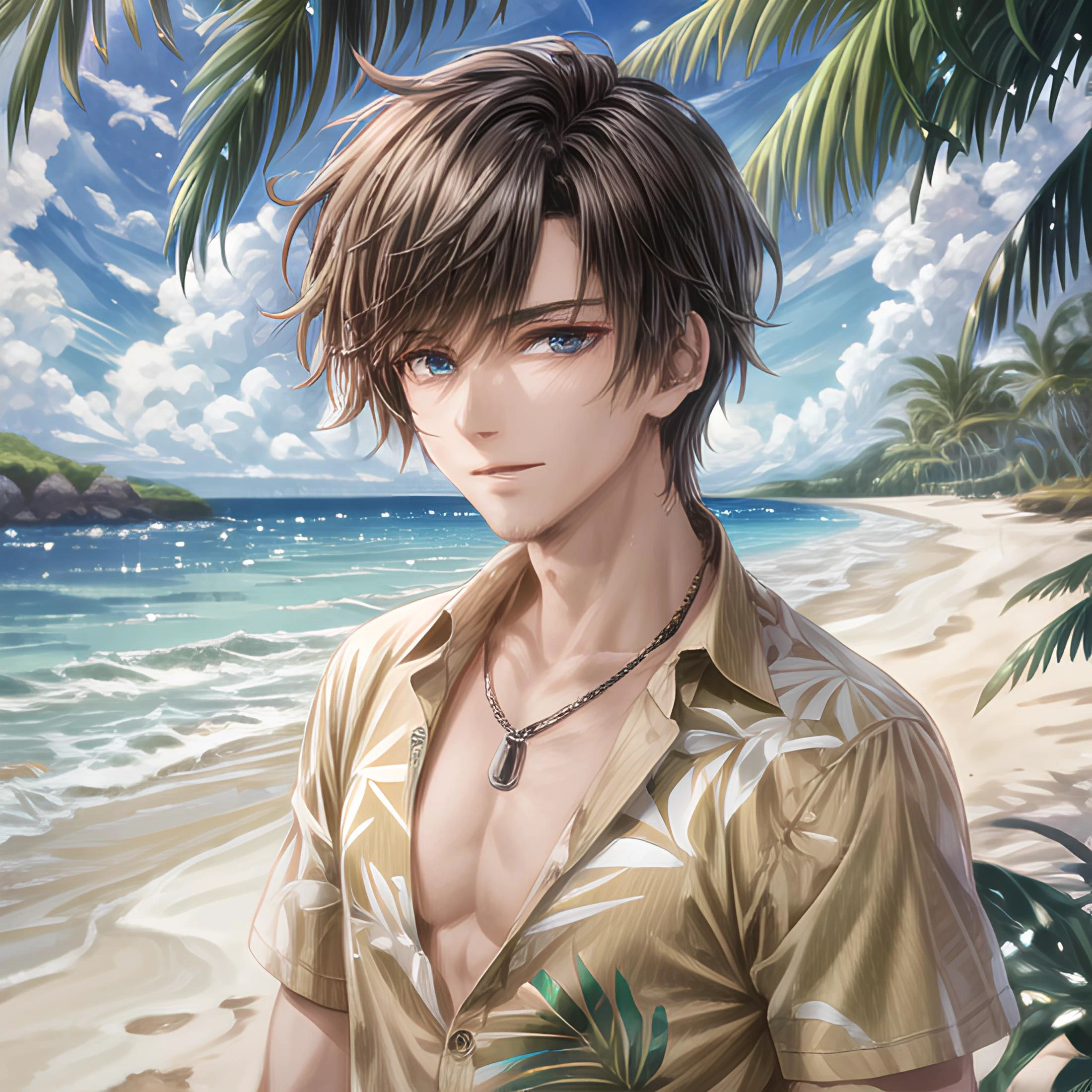 best quality, masterpiece, highres, high quality, handsome man, hawaiian shirt, chest hair, half buttoned, puka shell necklace, sun bleached hair, tiki bar setting, Caucasian, intricate details, detailed blue eyes, dark hair, toned, muscular, small smile, ray tracing, bokeh, depth of field, sharp focus, vibrant colors, <lora:make25d_type2_v100:0.8>, <lora:add_detail:0.8>