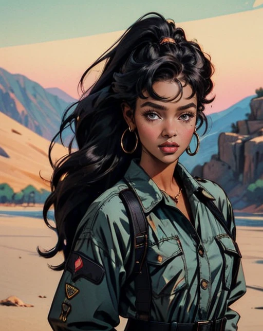 <lora:80'sFusion:0.9> upper body photo of j0y_n0texist wearing colorful Desert Adventure: Utility jumpsuit, hiking boots, and wide-brimmed hat. (black half-shaved SLEEK PONYTAIL hair:1.10) <lora:Black_Women:0.75> flirty facial expression,, <lora:detail_slider_v4:0.8>, <lora:realistic:0.2>, <lora:kittew_v0.1:0.2>, <lora:tangbohu-line_1.0:0.2>, <lora:make25d_type1_v100:0.2>