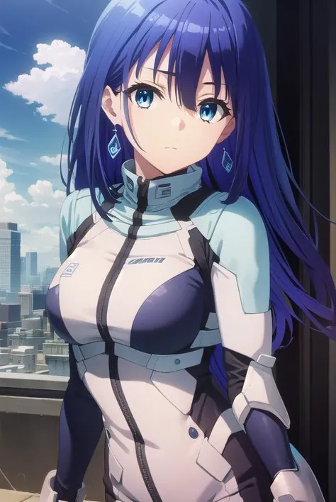 ayanoyuugiri, <lora:ayano yuugiri s1-lora-nochekaiser:1>,
ayano yuugiri, long hair, hair between eyes, blue eyes, blue hair, bangs,
BREAK jewelry, earrings, bodysuit, pilot suit,
BREAK outdoors, city, sky, clouds, buildings, sun,
BREAK looking at viewer, (cowboy shot:1.5),
BREAK <lyco:GoodHands-beta2:1>, (masterpiece:1.2), best quality, high resolution, unity 8k wallpaper, (illustration:0.8), (beautiful detailed eyes:1.6), extremely detailed face, perfect lighting, extremely detailed CG, (perfect hands, perfect anatomy),